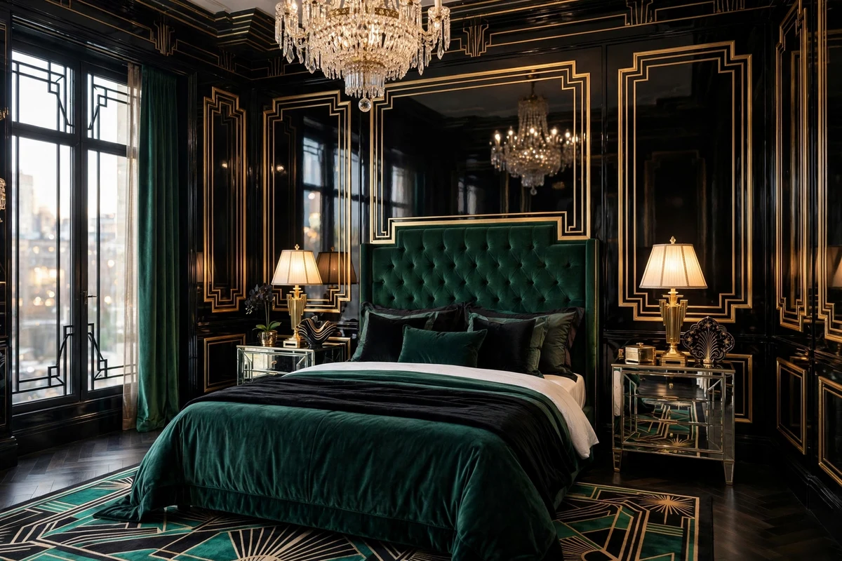 Art deco bedroom with glossy black lacquered walls and gold trim molding panels