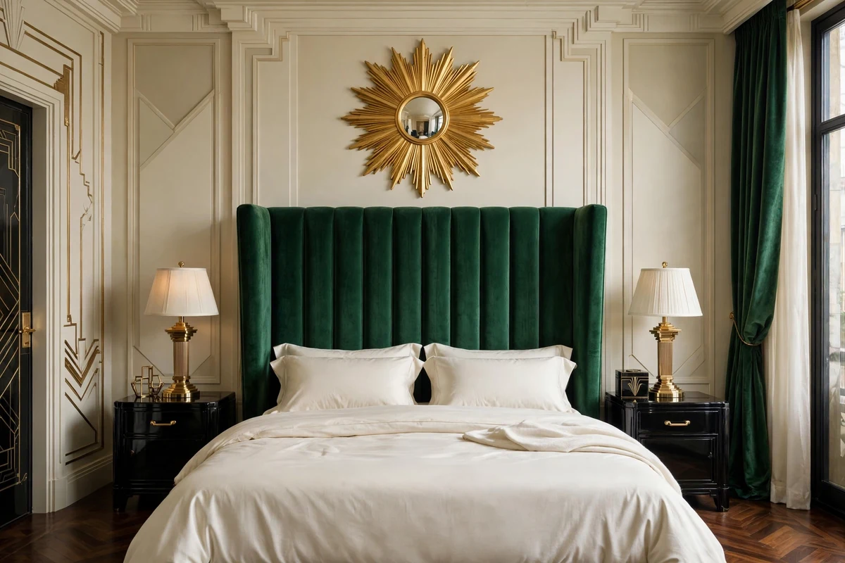 Emerald velvet channel-tufted headboard in an art deco bedroom