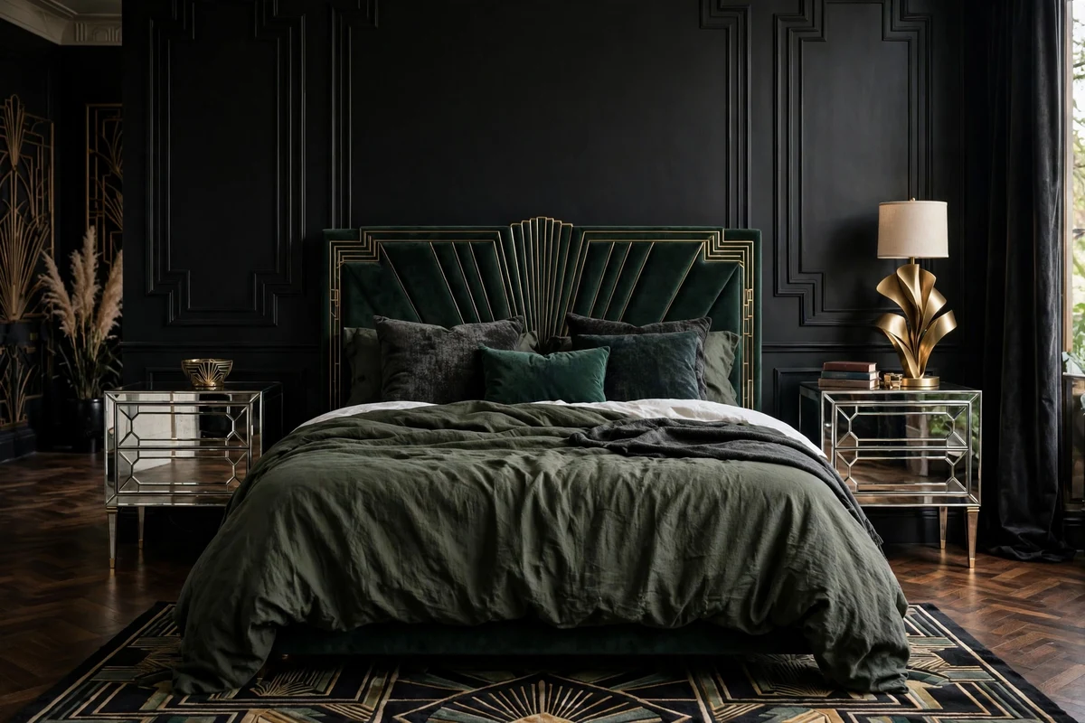 Mirrored nightstands with brass legs in an art deco bedroom