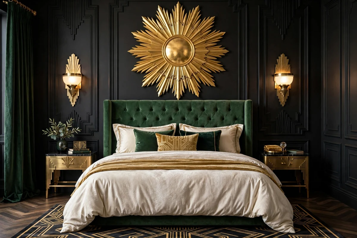 Oversized gold sunburst mirror above the bed in an art deco bedroom