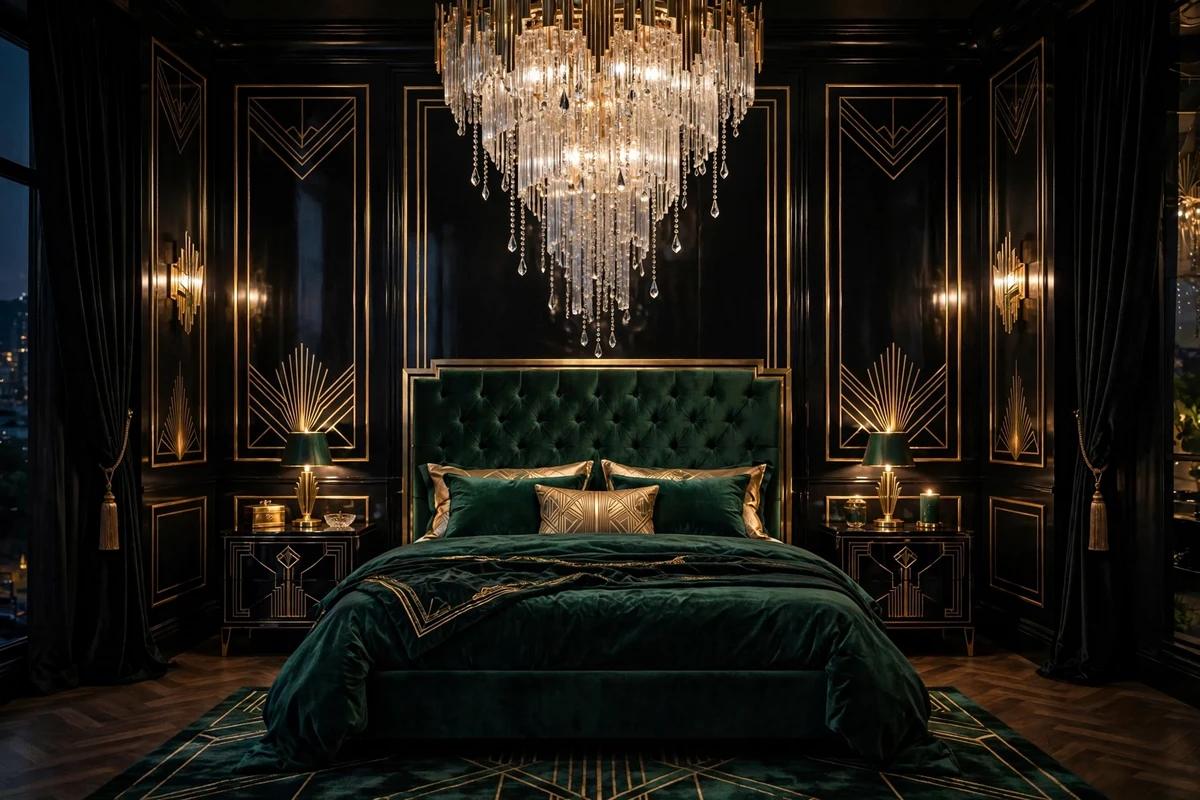 Crystal waterfall chandelier in a glamorous art deco bedroom