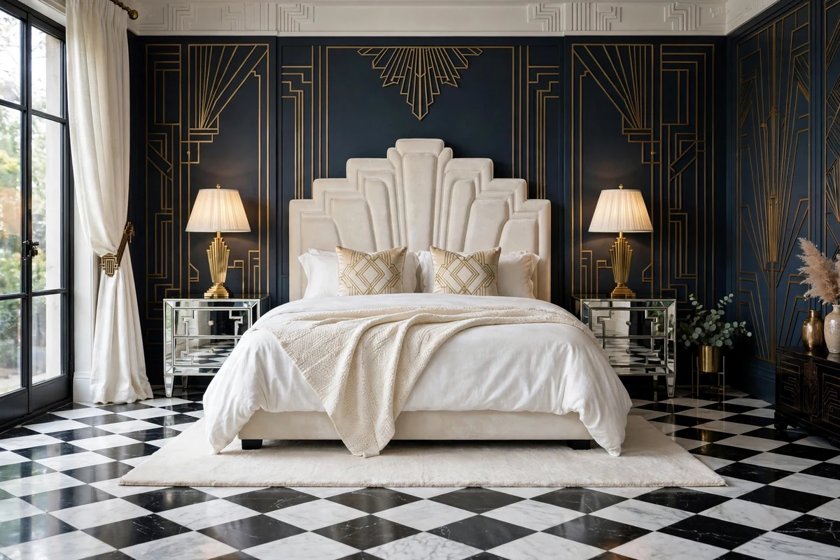 Black and white marble checkerboard floor in an art deco bedroom