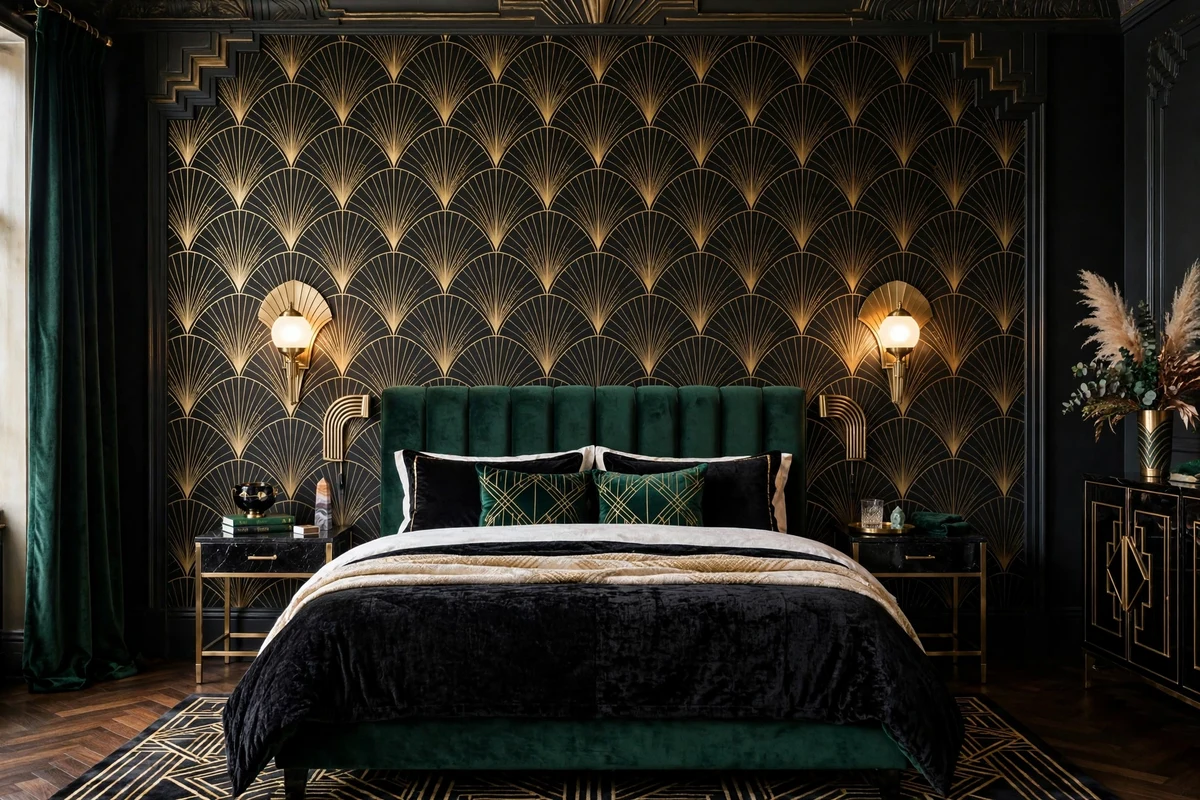 Gold geometric fan wallpaper on the bed wall of an art deco bedroom