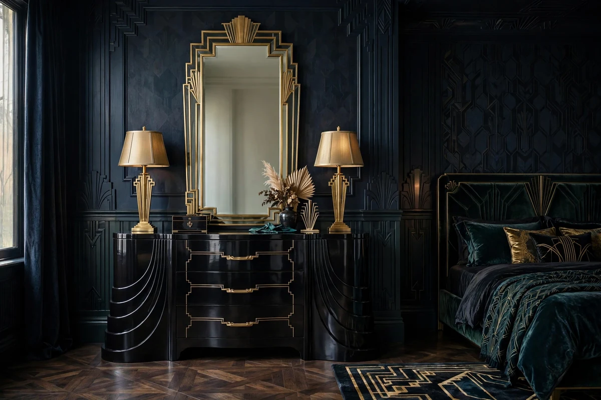Lacquered waterfall dresser with curved silhouette in an art deco bedroom
