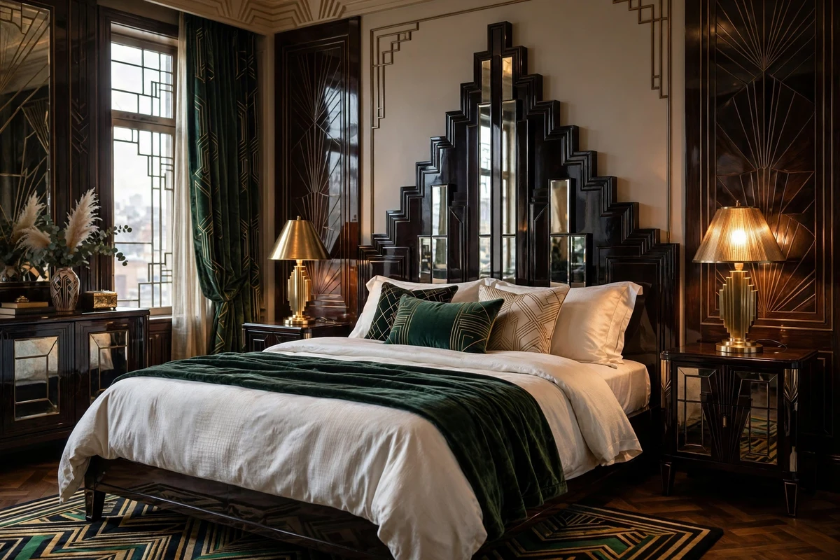Stepped skyscraper silhouette headboard in an art deco bedroom