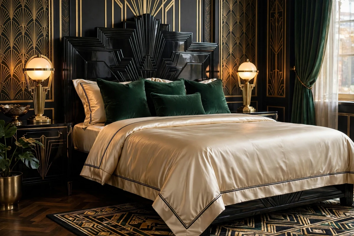Champagne silk bedding with black piping on an art deco bed