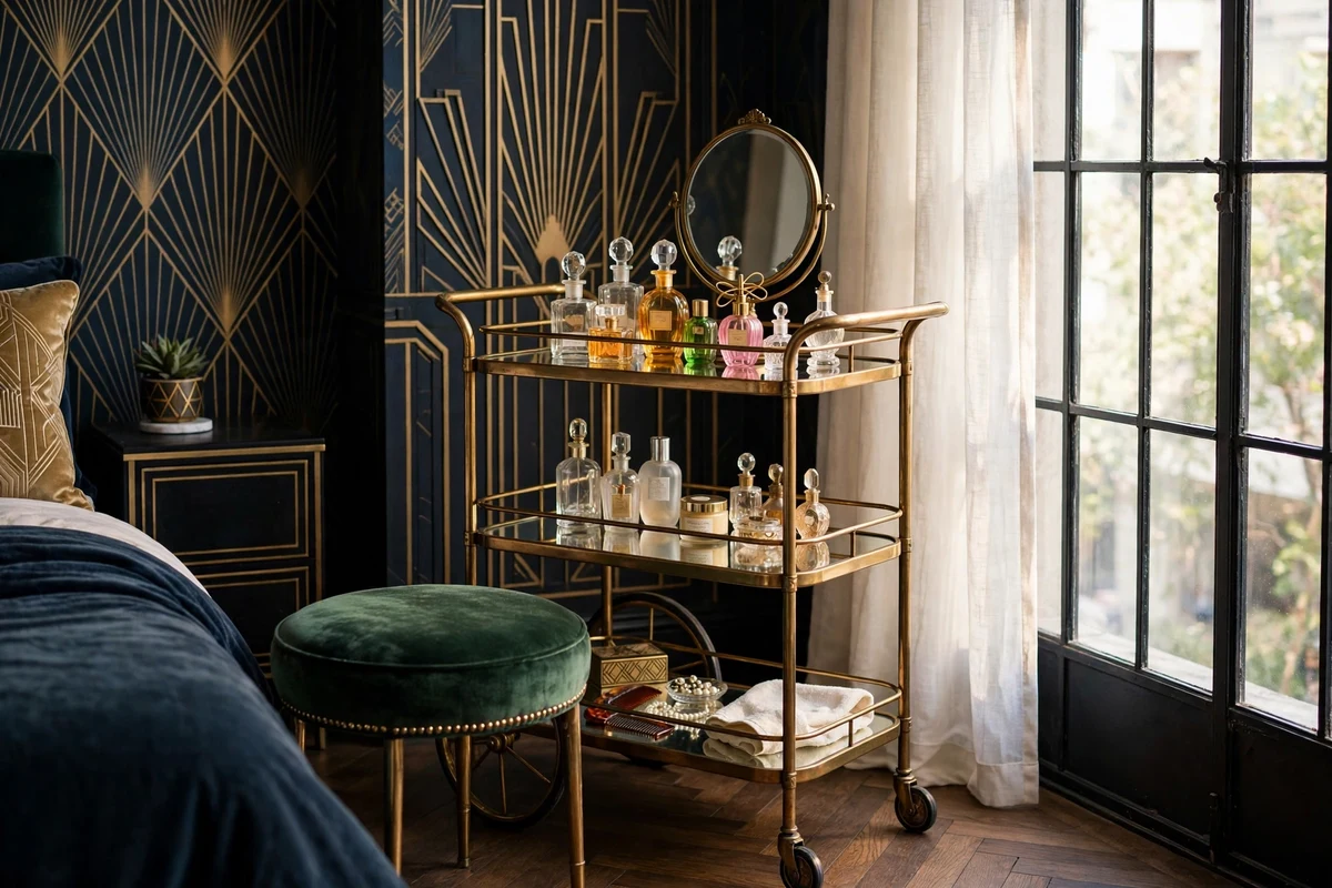 Brass bar cart styled as a vanity station in an art deco bedroom