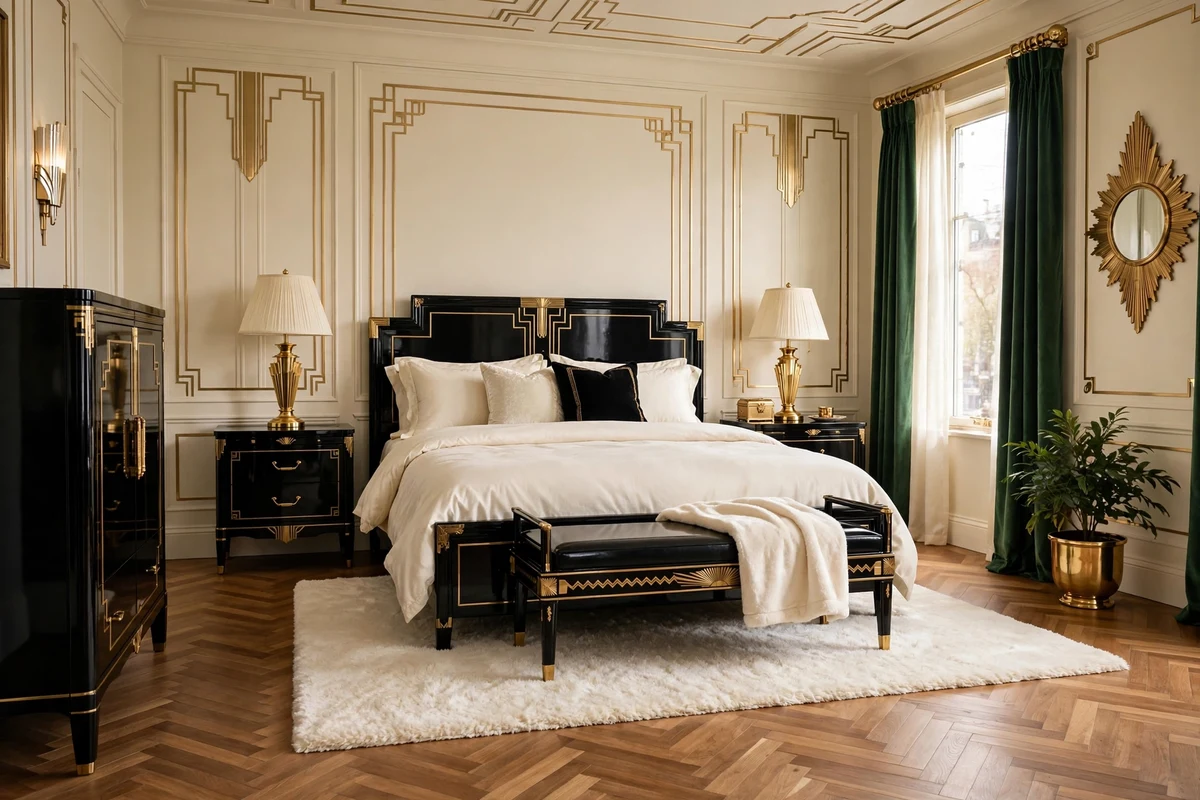 Chevron parquet wood floors in an art deco bedroom