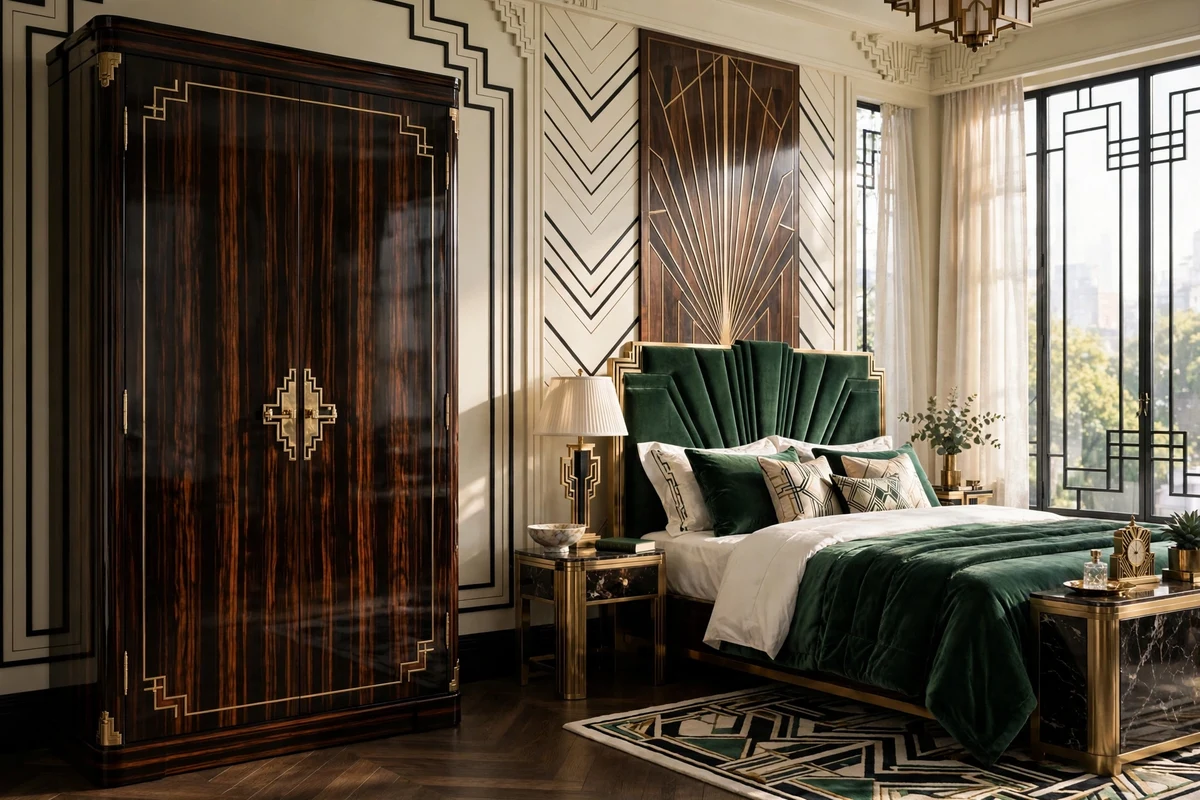 Macassar ebony wardrobe with striped wood grain in an art deco bedroom