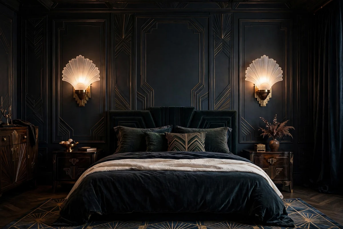 Frosted glass sconces with fan motifs flanking an art deco bed