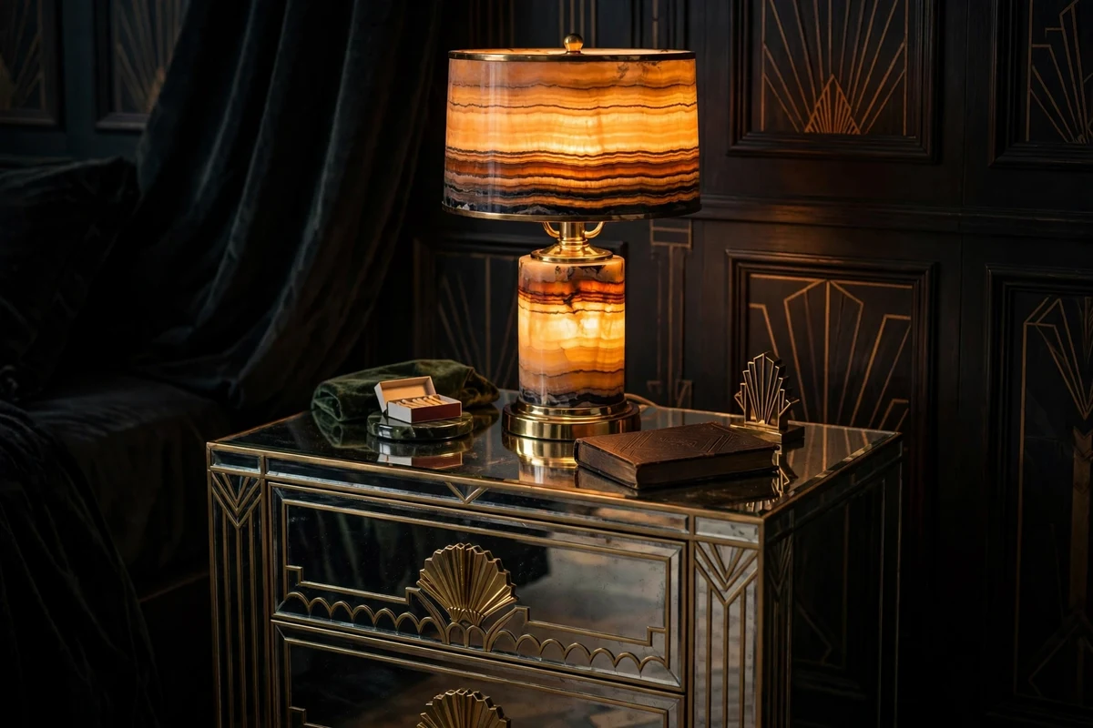 Glowing onyx bedside table lamps in an art deco bedroom
