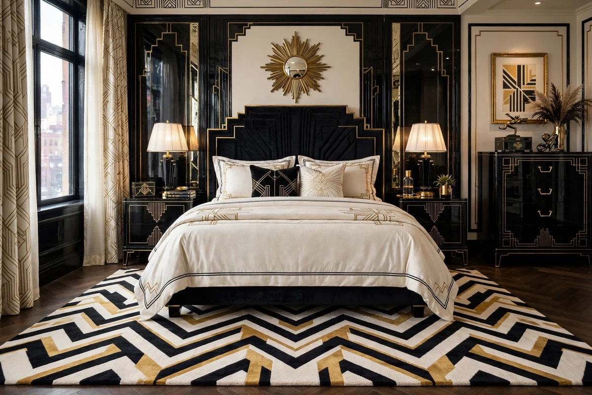 Geometric zigzag area rug under the bed in an art deco bedroom