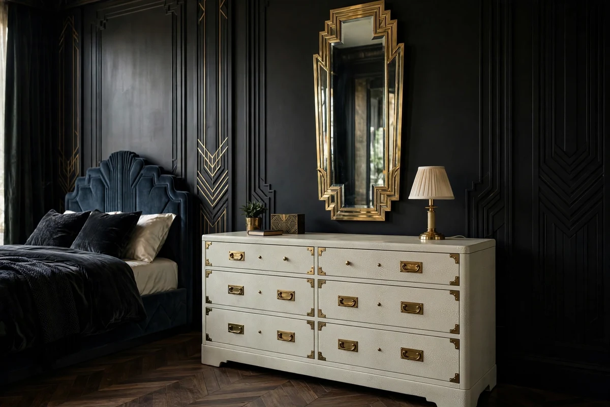 Ivory shagreen dresser with pebbled texture in an art deco bedroom