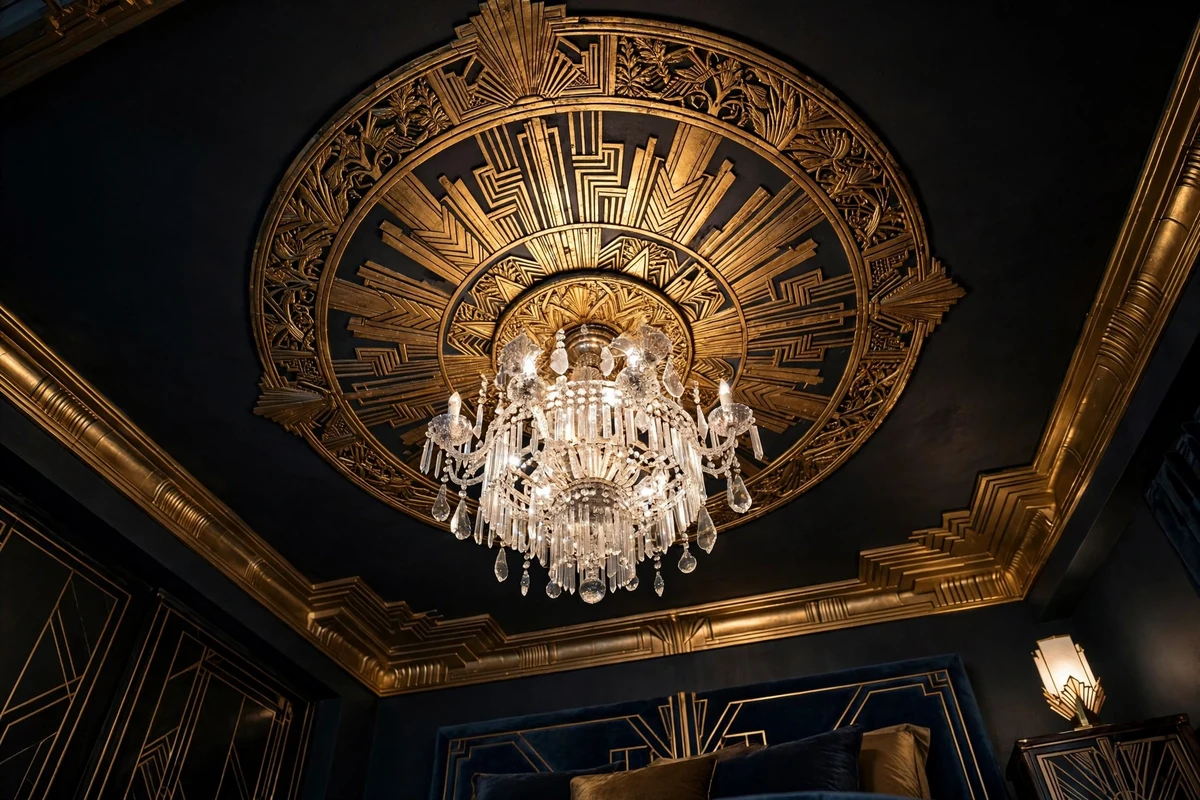 Gold leaf ceiling medallion around a chandelier in an art deco bedroom