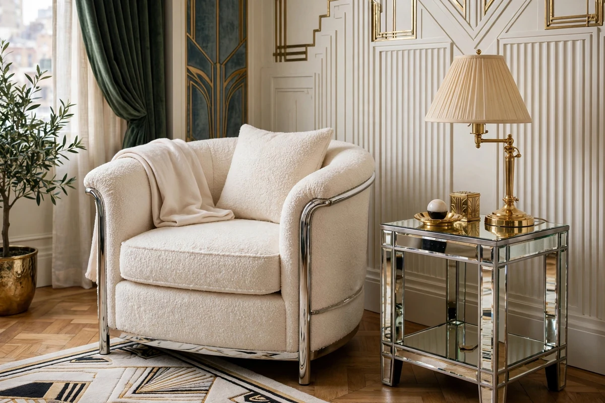Curved ivory boucle armchair with chrome frame in an art deco bedroom corner