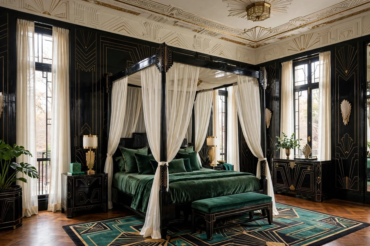 Black lacquered four-poster canopy bed in an art deco bedroom