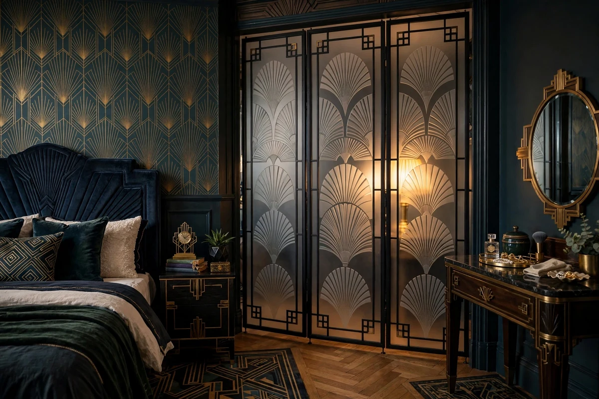Etched glass room divider screen with deco motifs in a bedroom