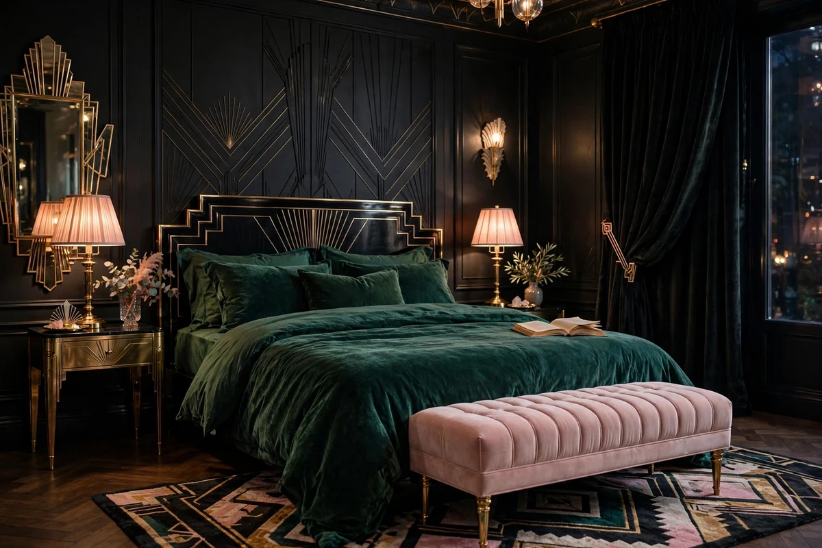 Blush velvet ottoman bench at the foot of an art deco bed