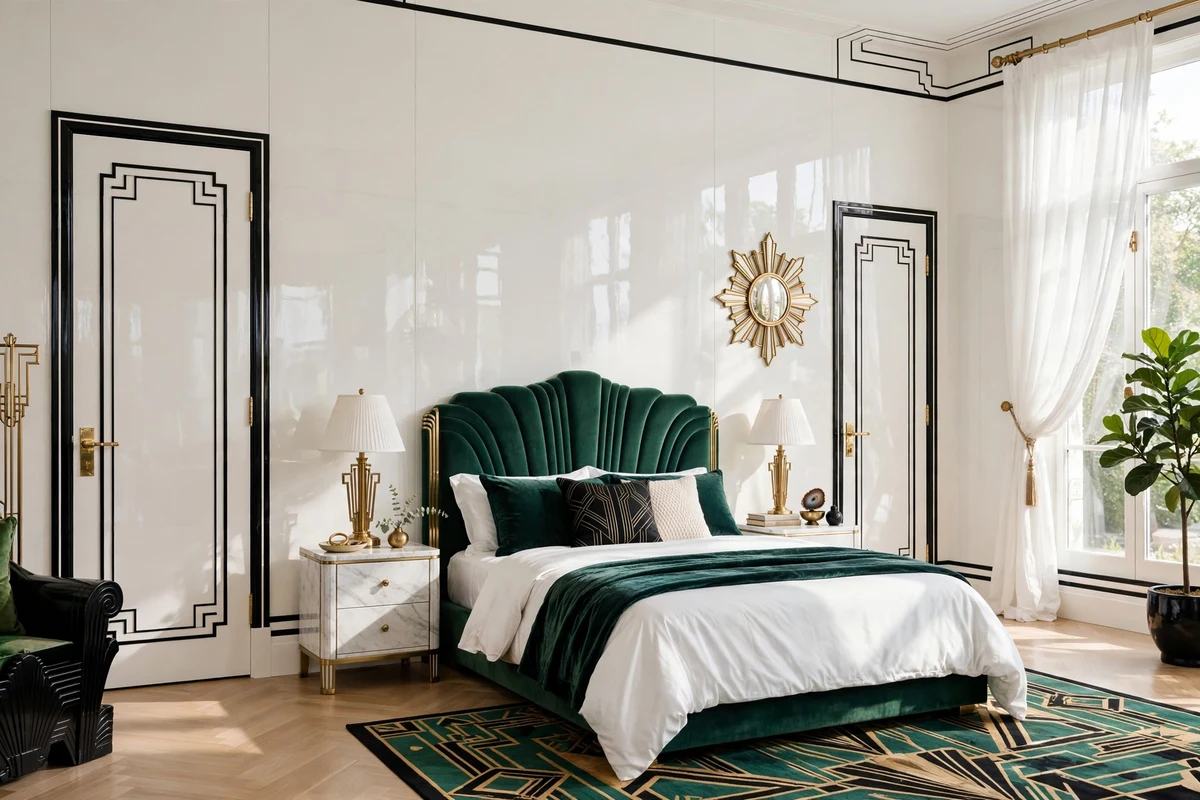 High-gloss white walls with black trim in an art deco bedroom