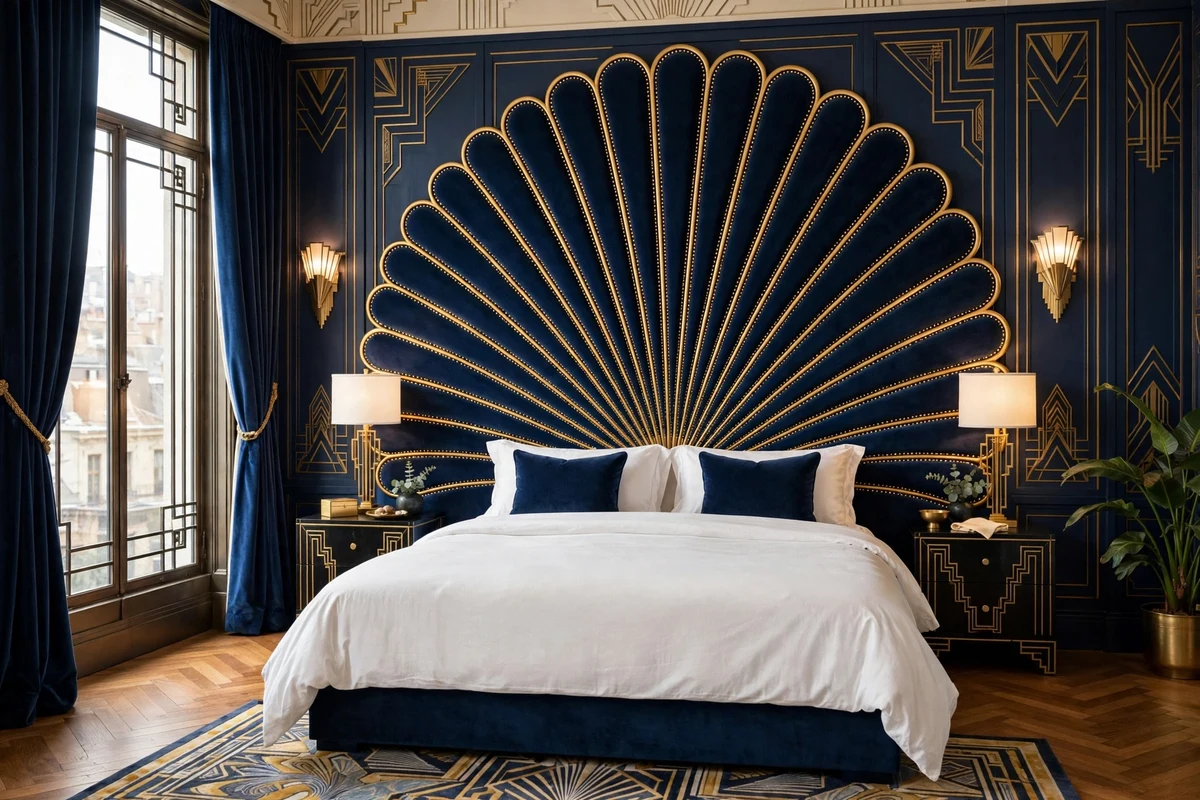 Fan-shaped navy velvet headboard with gold trim in an art deco bedroom