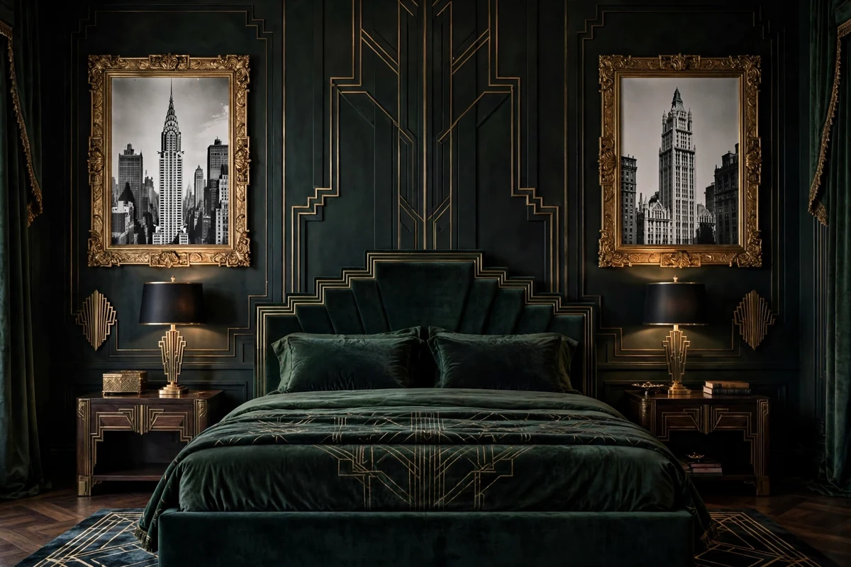 Gilt-framed black and white photography in an art deco bedroom