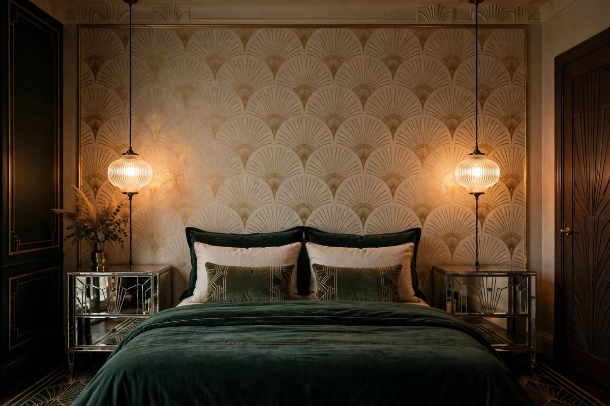 Fluted glass pendant lights hanging at bedside in an art deco bedroom