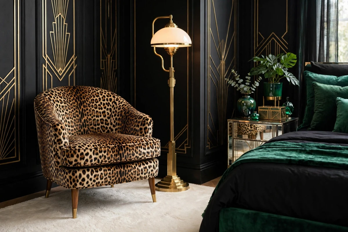 Leopard print accent chair in a glamorous art deco bedroom corner