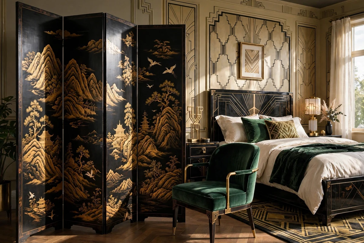 Gold and black chinoiserie folding screen in an art deco bedroom