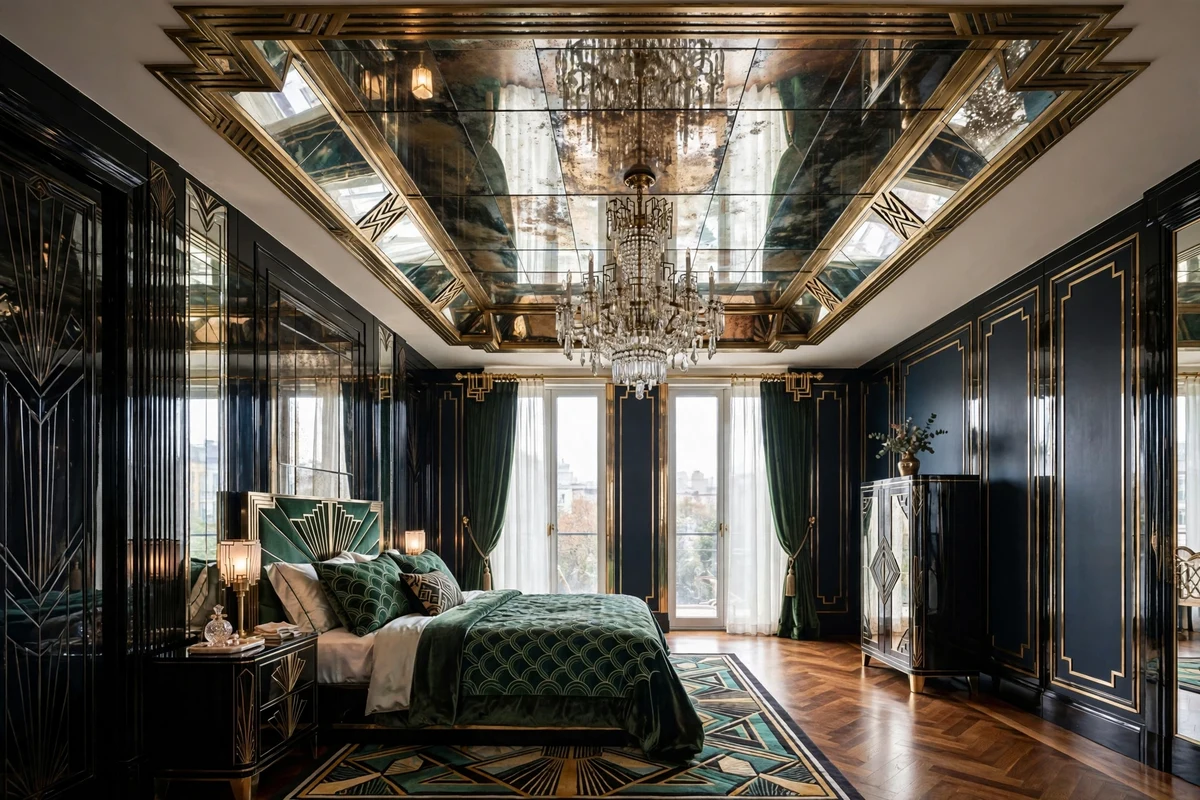 Mirrored tray ceiling reflecting a chandelier in an art deco bedroom