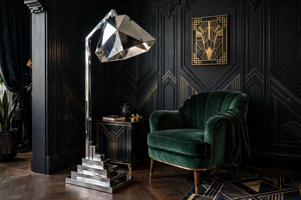 Sculptural chrome floor lamp in an art deco bedroom corner
