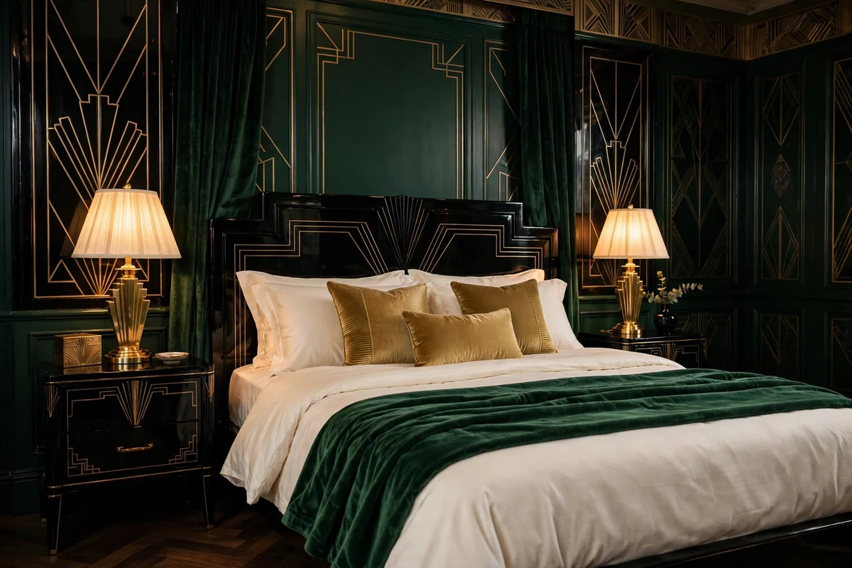 Emerald and gold layered bedding on an art deco bed