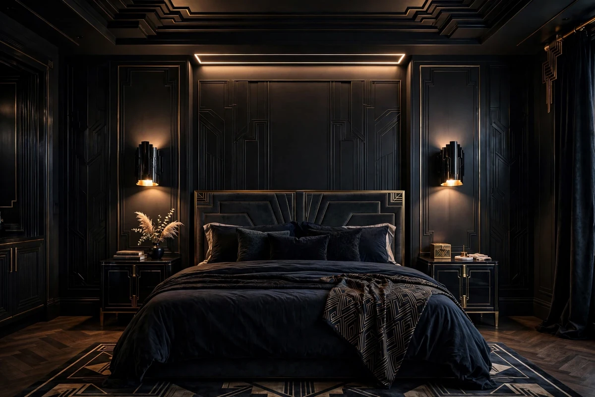 Black lacquered bedside sconces with brass interiors in an art deco bedroom