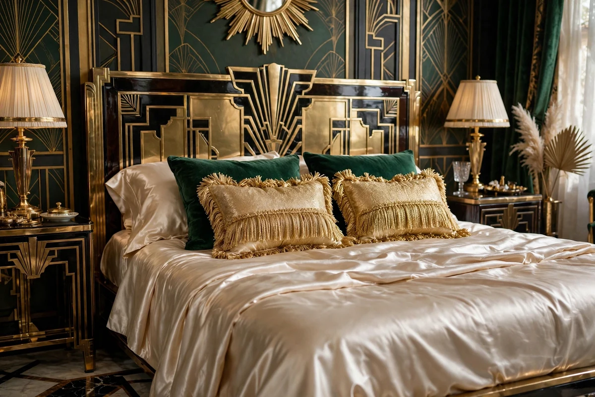 Gatsby-style gold fringe throw pillows on an art deco bed