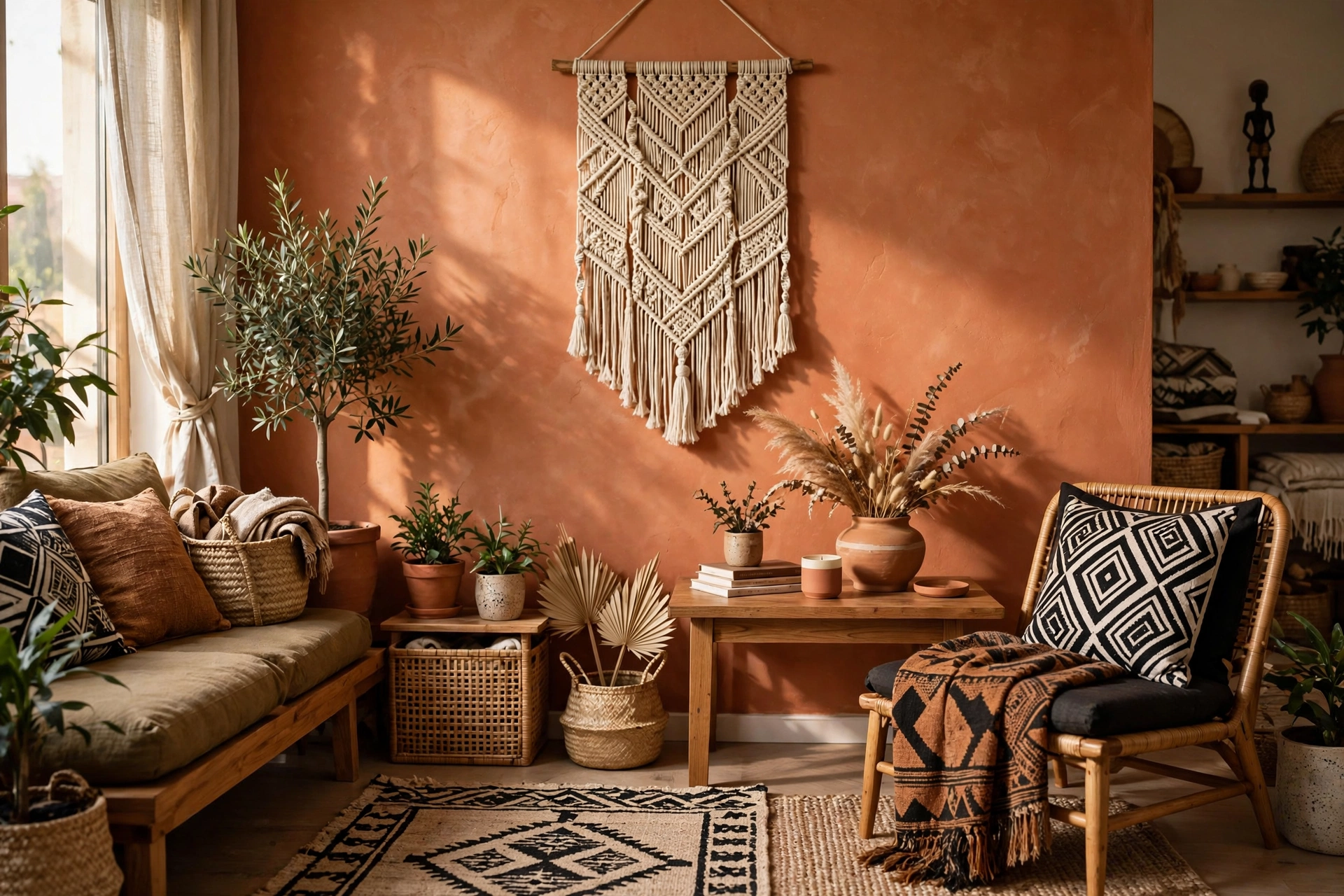 Terracotta accent wall in an Afrohemian studio apartment with woven wall hanging