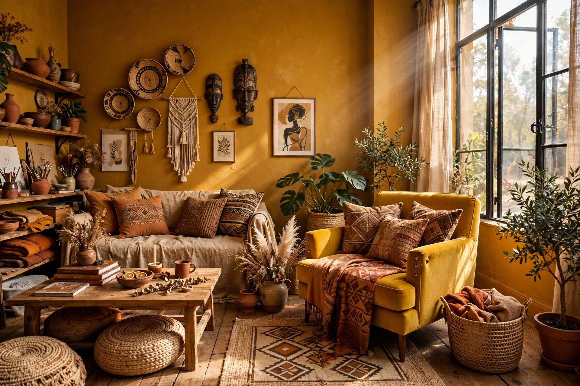 Deep ochre tones in an Afrohemian studio living area with natural light