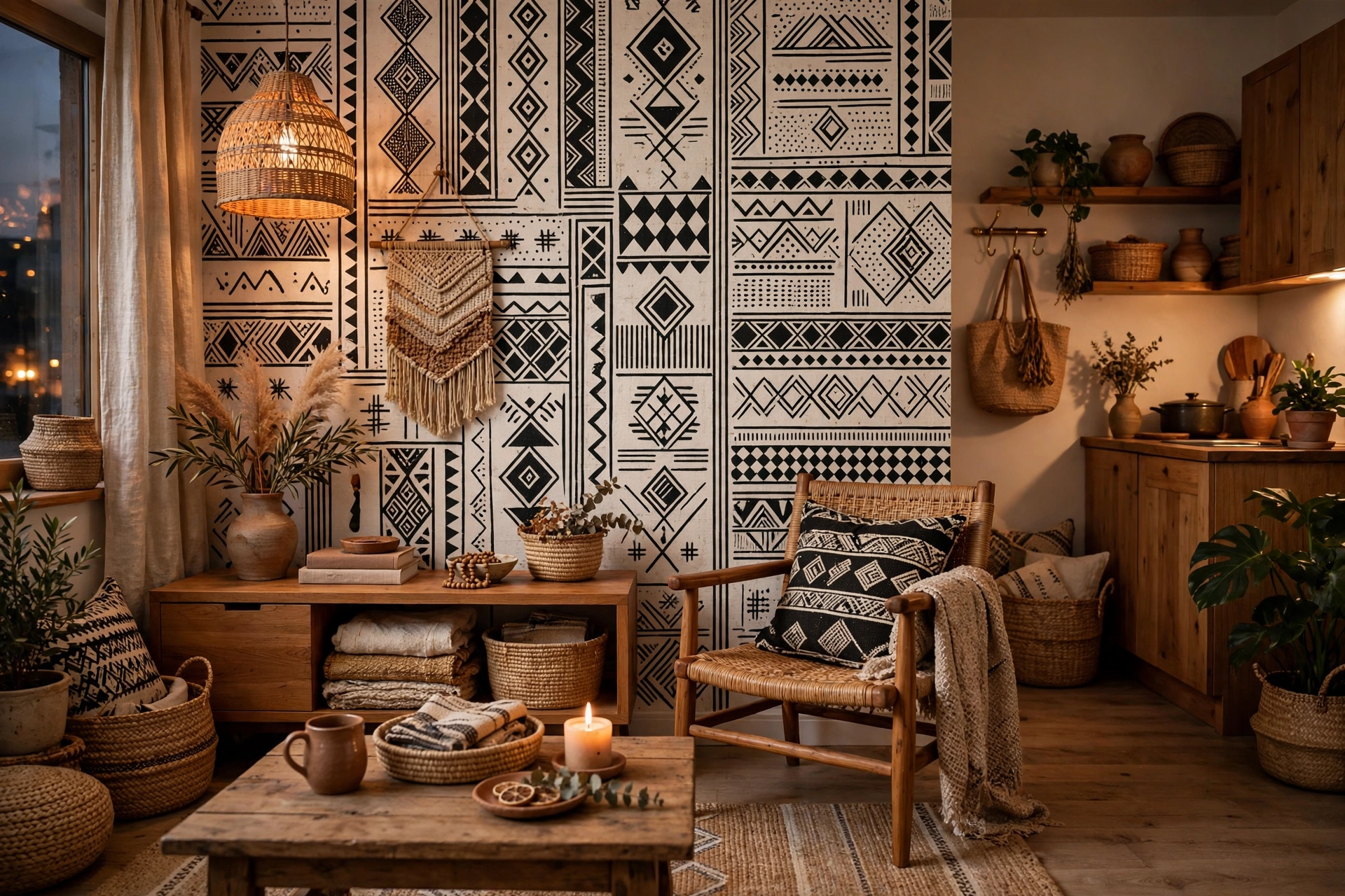 Mudcloth inspired wallpaper accent wall in an Afrohemian studio apartment