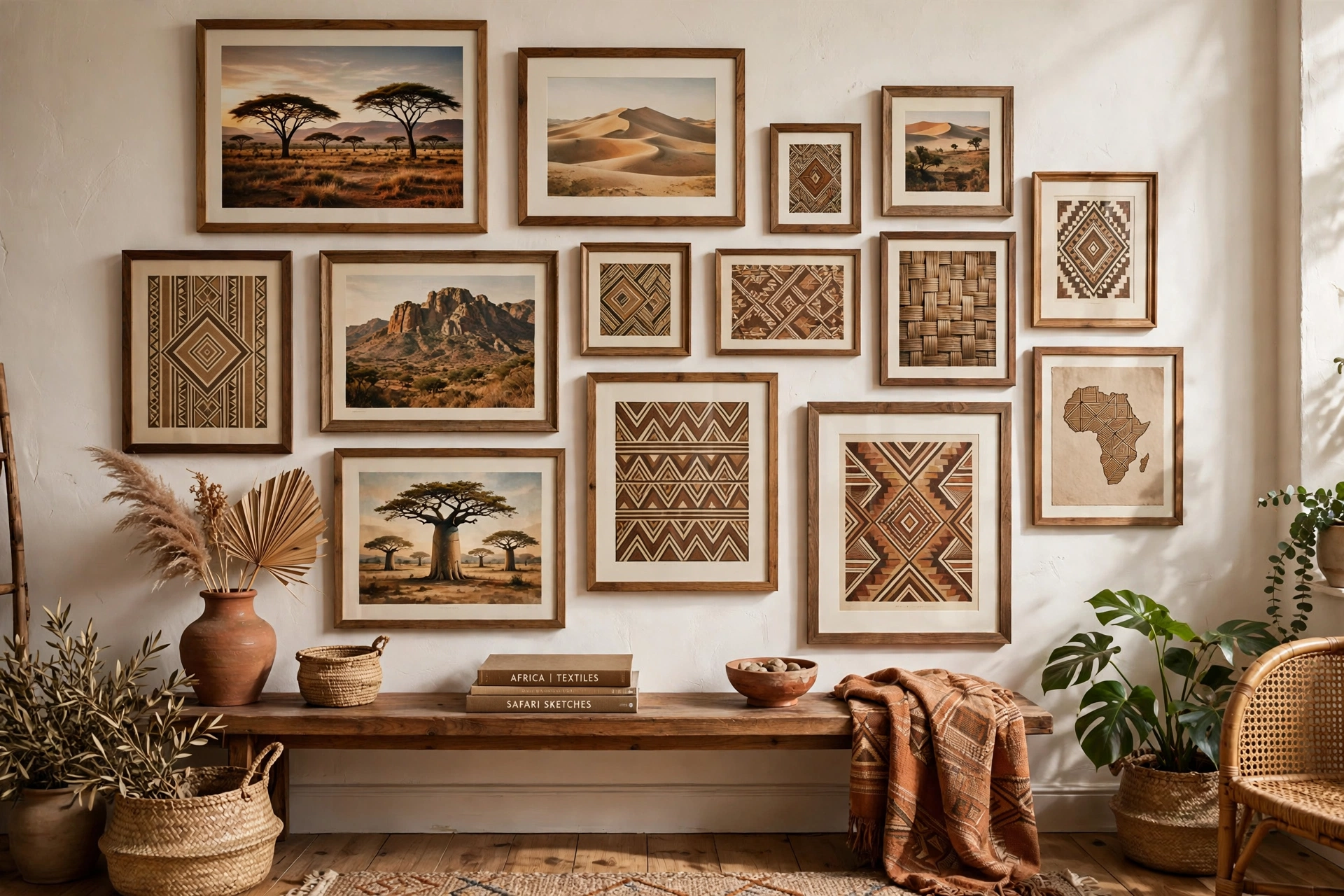 African art gallery wall with framed prints in an Afrohemian studio