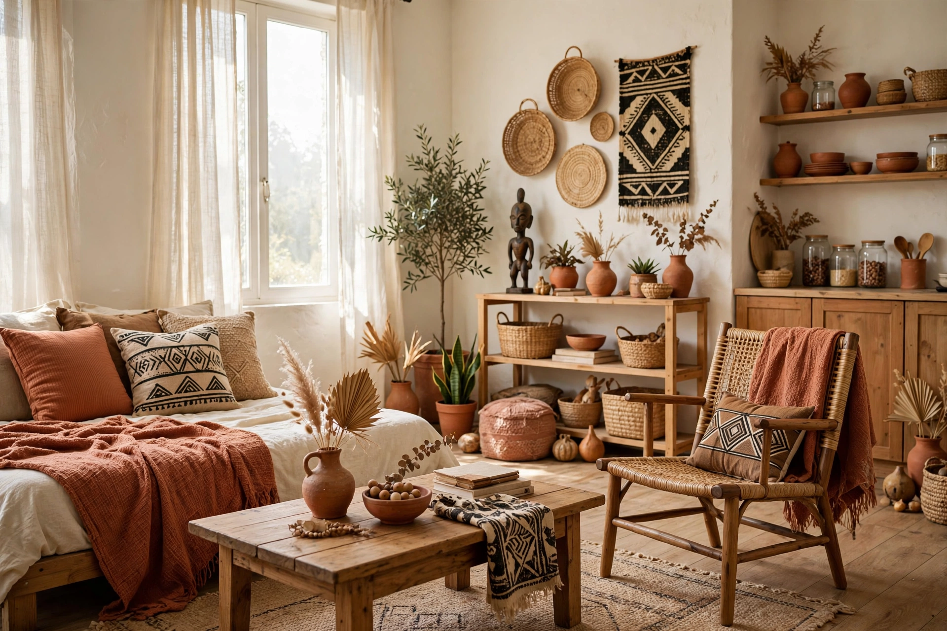 Warm white walls as base in an Afrohemian studio apartment with earth tone decor