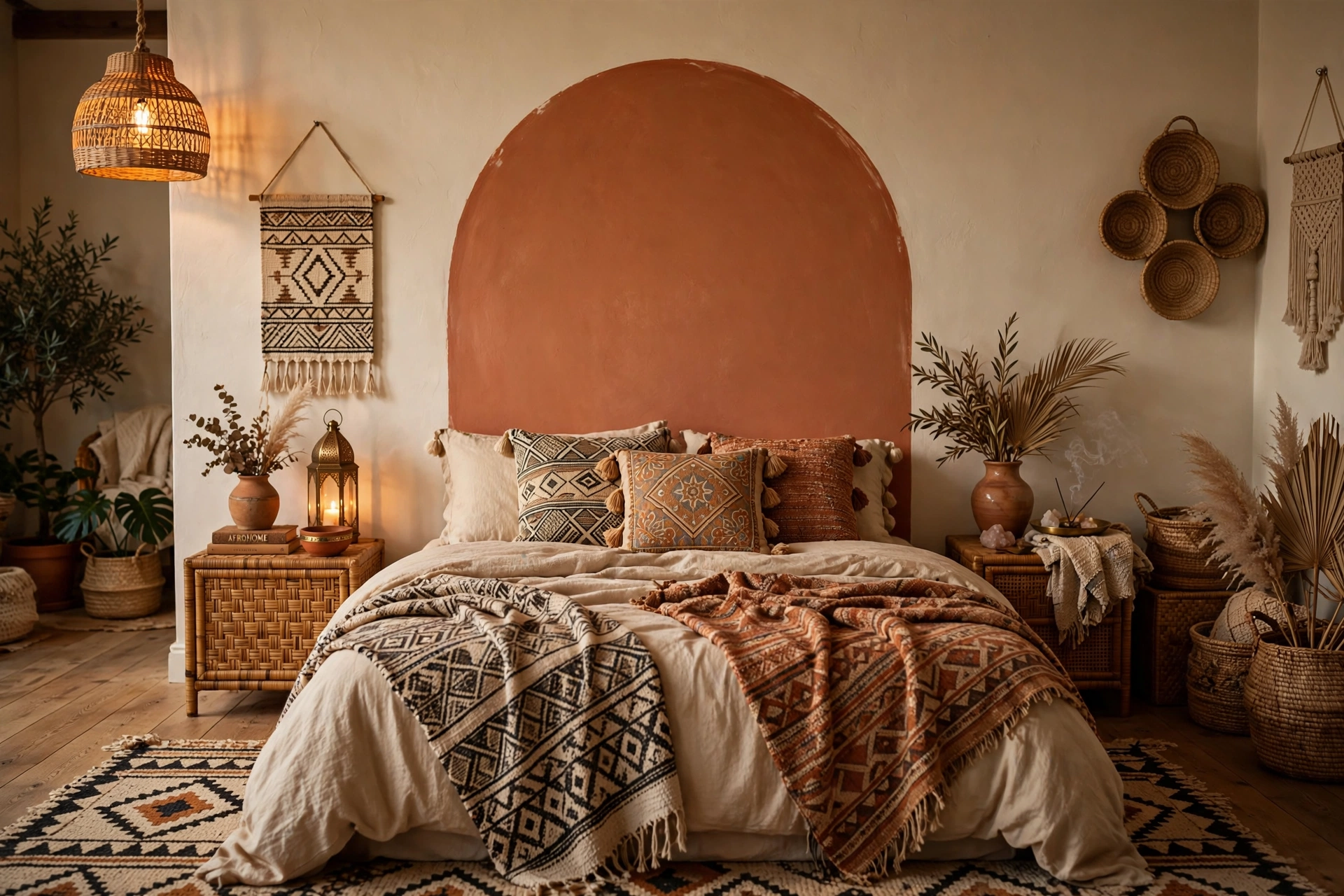 Painted arch accent on wall in an Afrohemian studio apartment bedroom zone