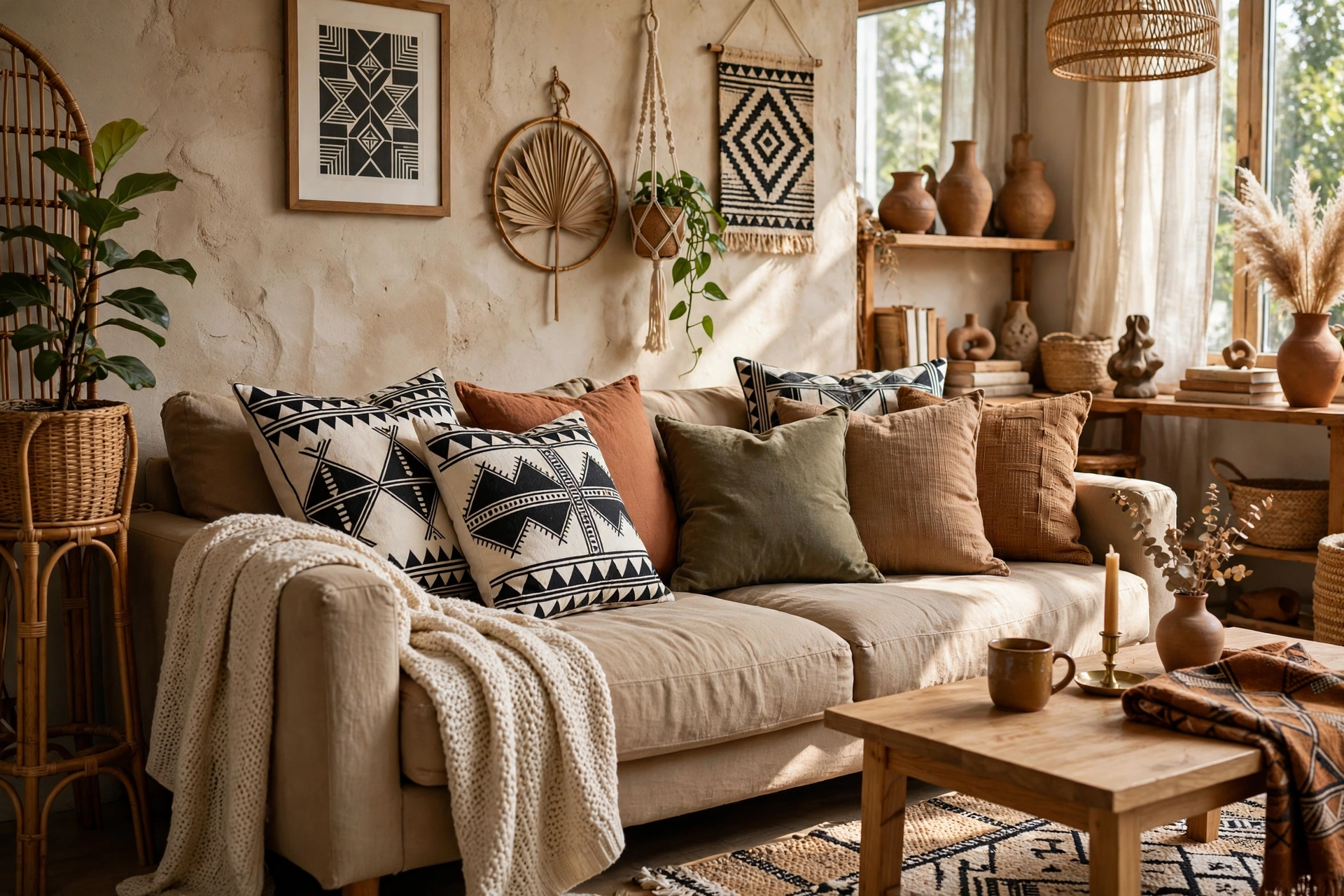 Mudcloth throw pillows layered on a sofa in an Afrohemian studio apartment