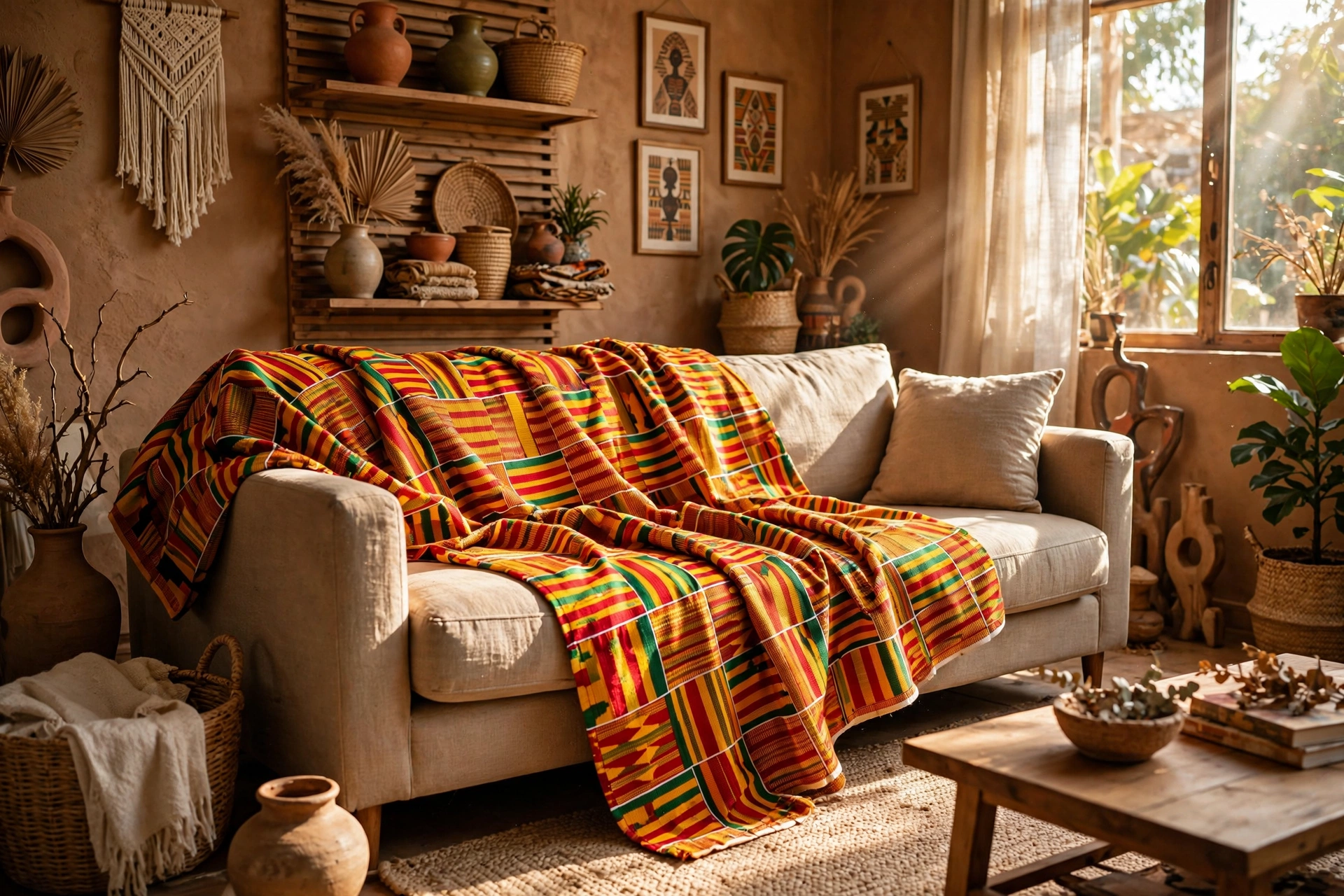Colorful kente cloth throw draped over a sofa in an Afrohemian studio