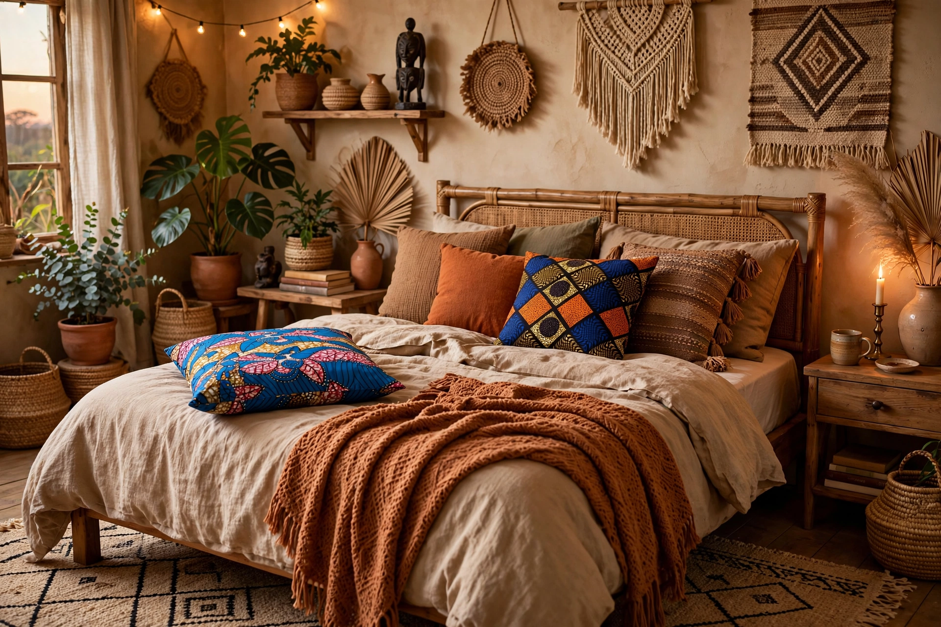 Ankara print cushions in bold patterns on a bed in an Afrohemian studio