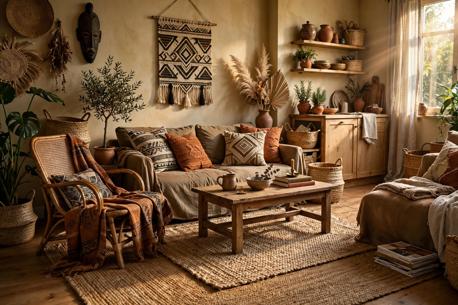 Natural jute area rug grounding a living zone in an Afrohemian studio apartment