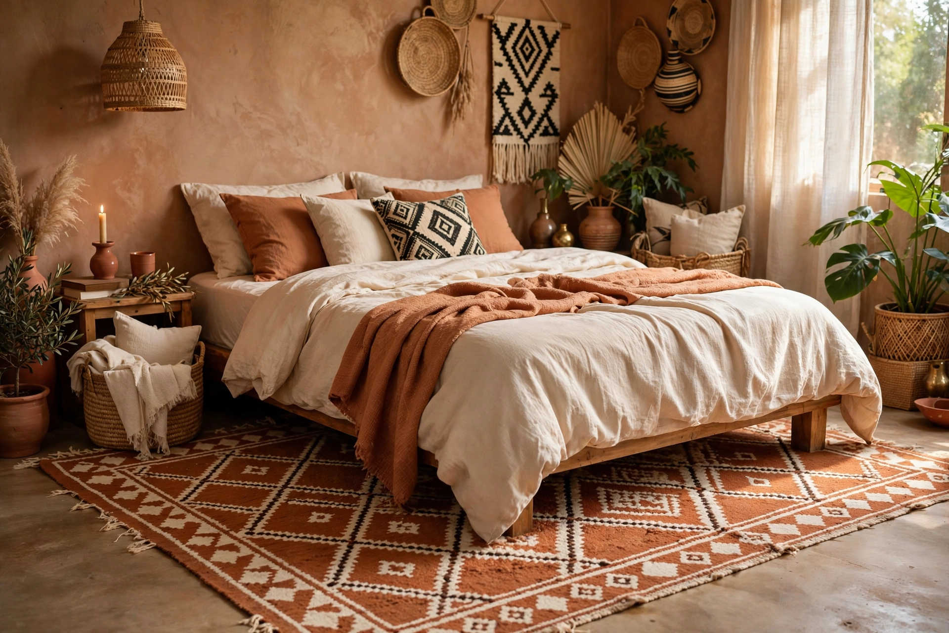 Handwoven wool rug in earth tones under a bed in an Afrohemian studio sleeping zone