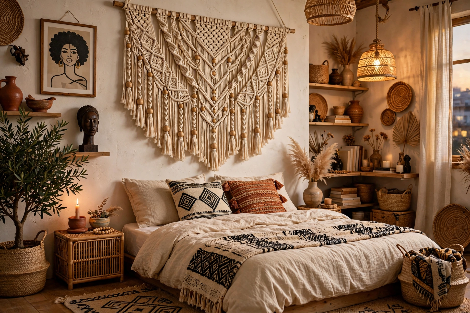 Large macrame wall hanging above a bed in an Afrohemian studio apartment