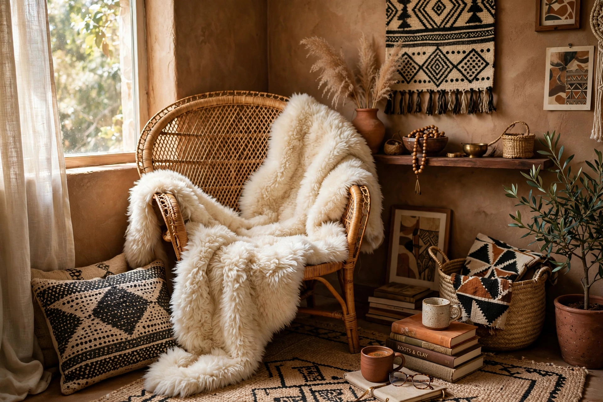 Cream faux fur throw draped over a rattan chair in an Afrohemian studio corner