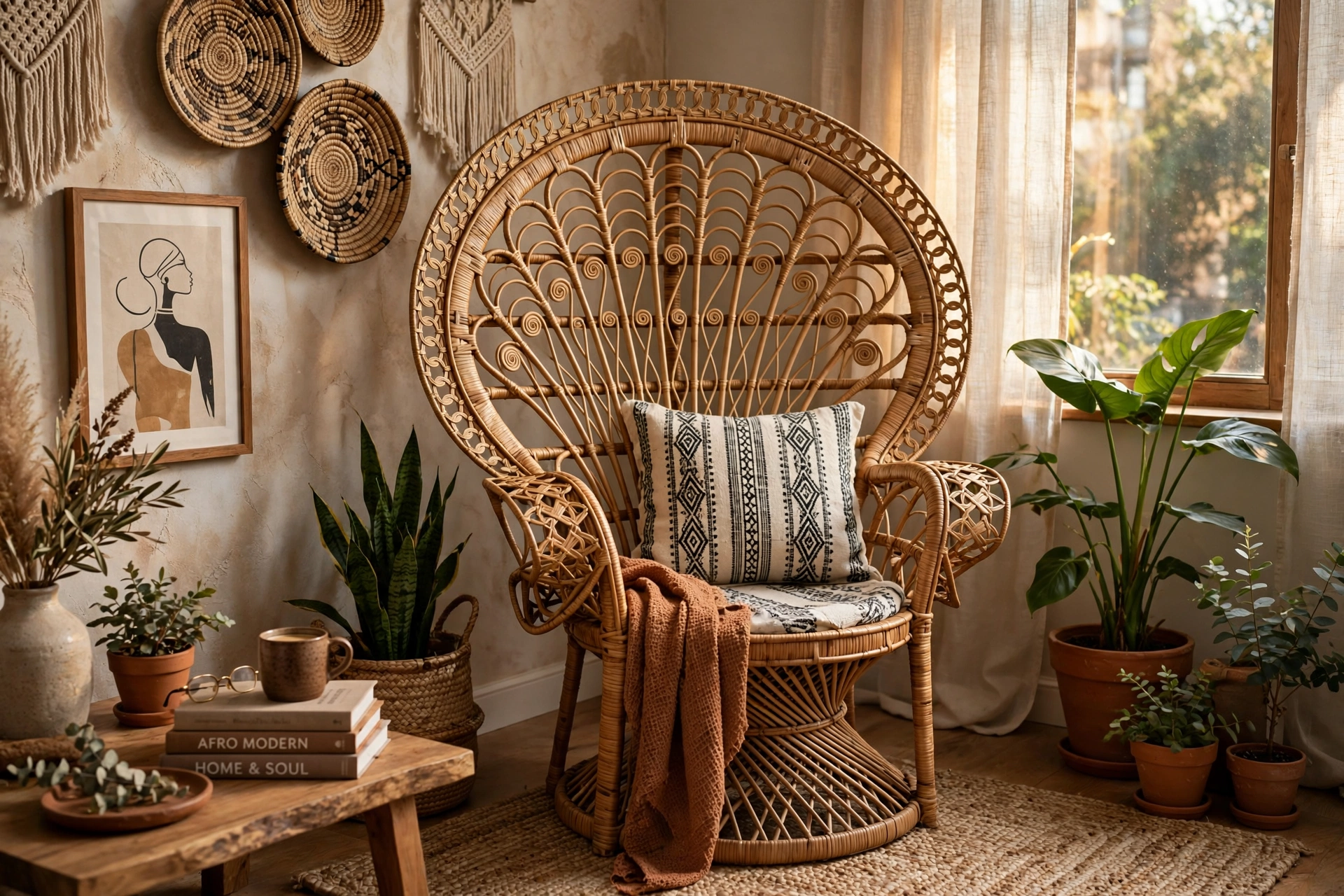 Rattan peacock chair as statement piece in an Afrohemian studio reading corner
