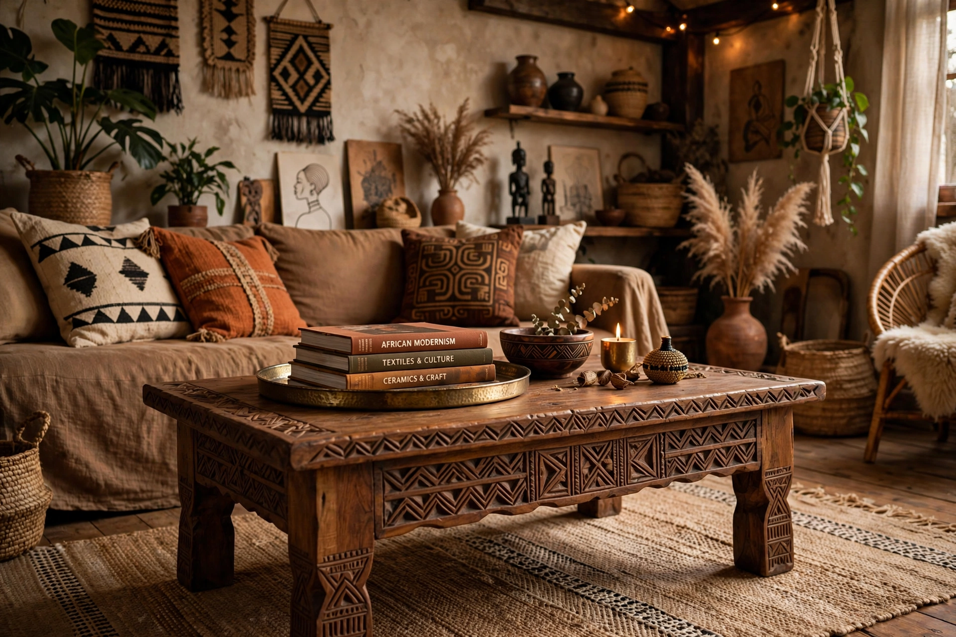 Hand-carved wooden coffee table styled in an Afrohemian studio living area