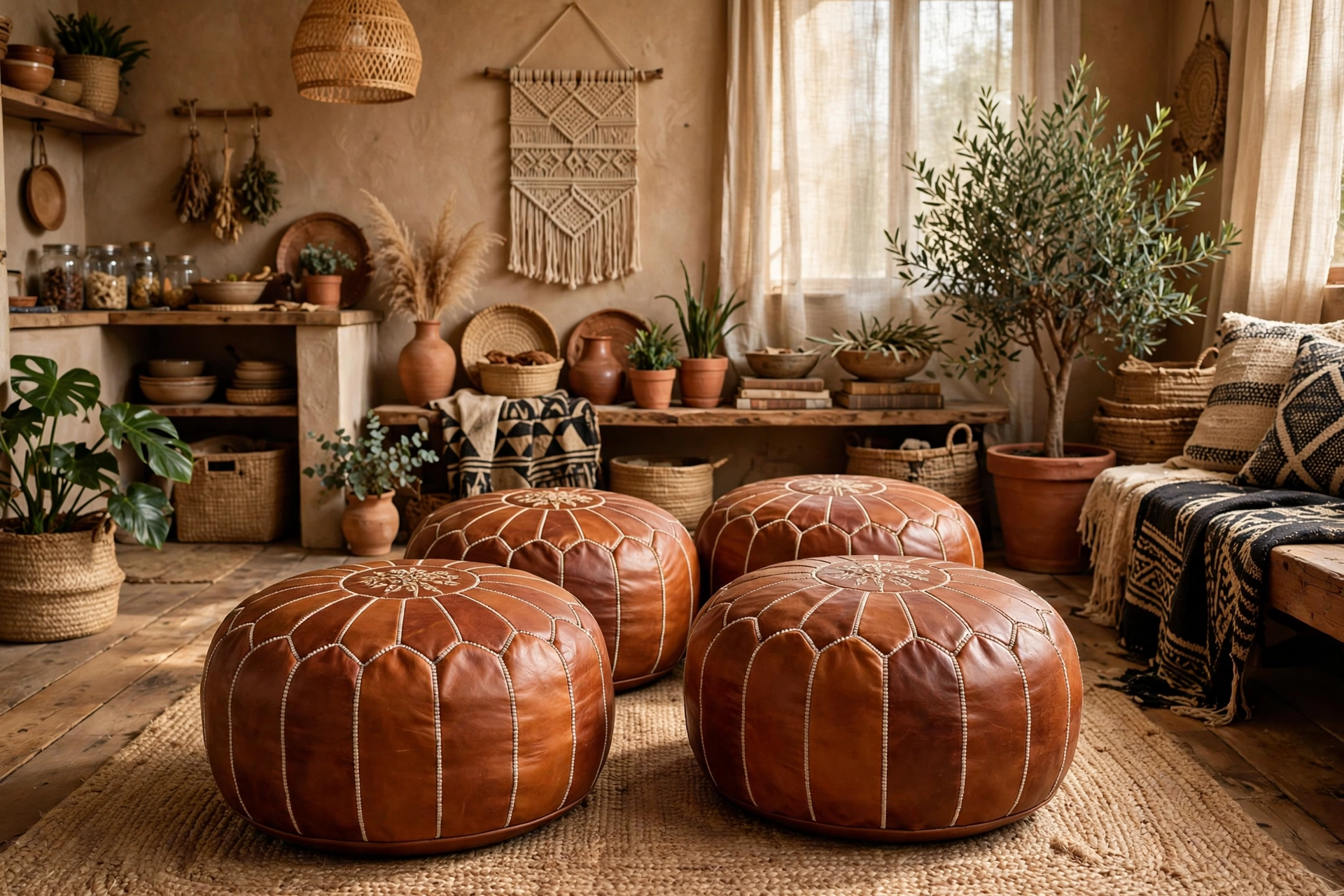 Moroccan leather poufs as flexible seating in an Afrohemian studio apartment