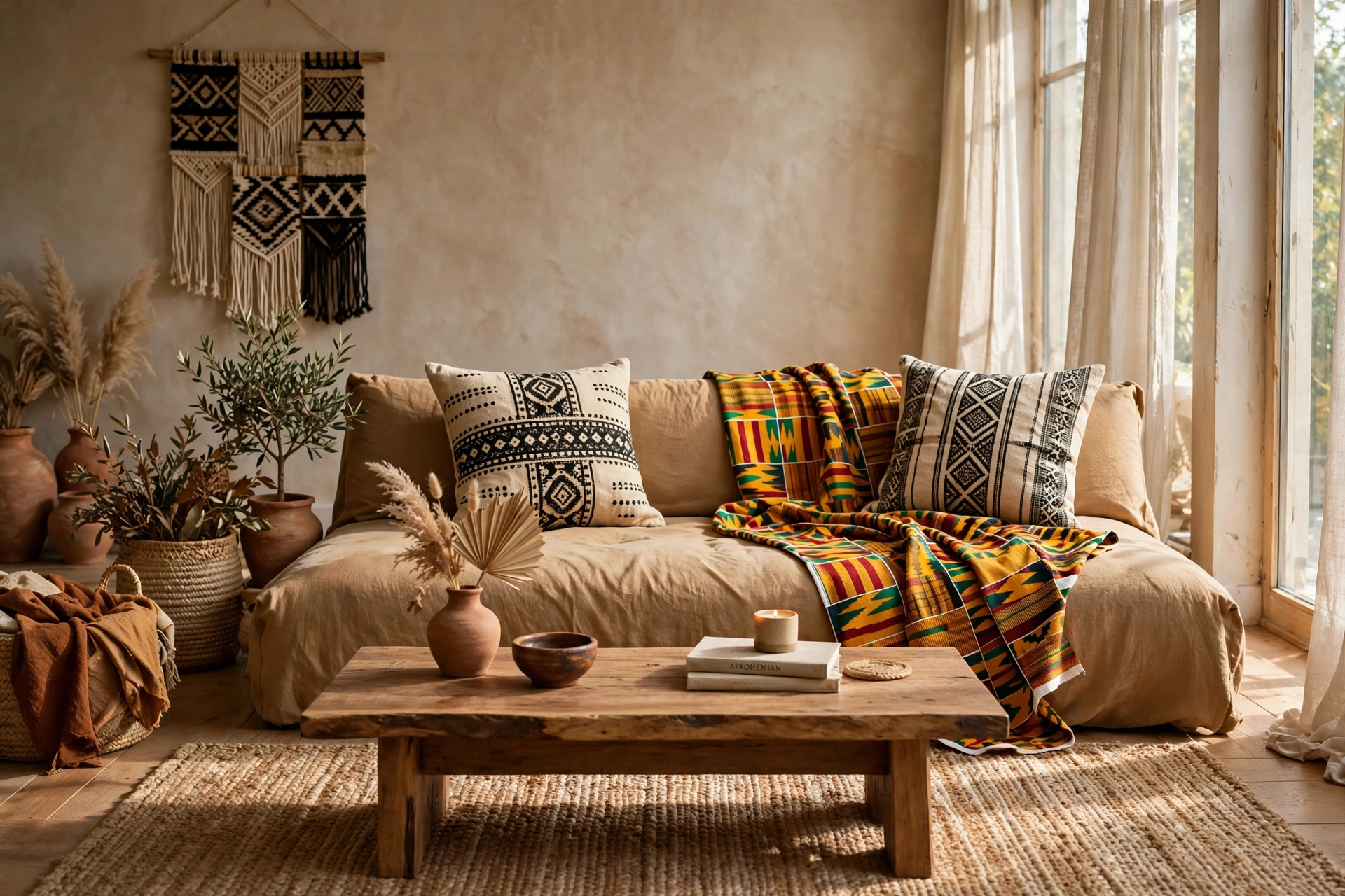 Low-profile sofa in warm earth tones with Afrohemian textiles in a studio